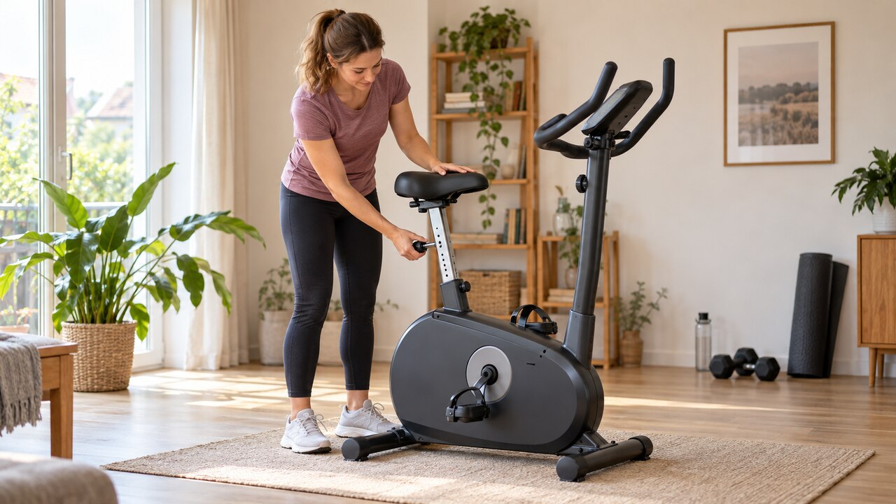 Vrouw stelt het zadel van een hometrainer af in een lichte trainingsruimte