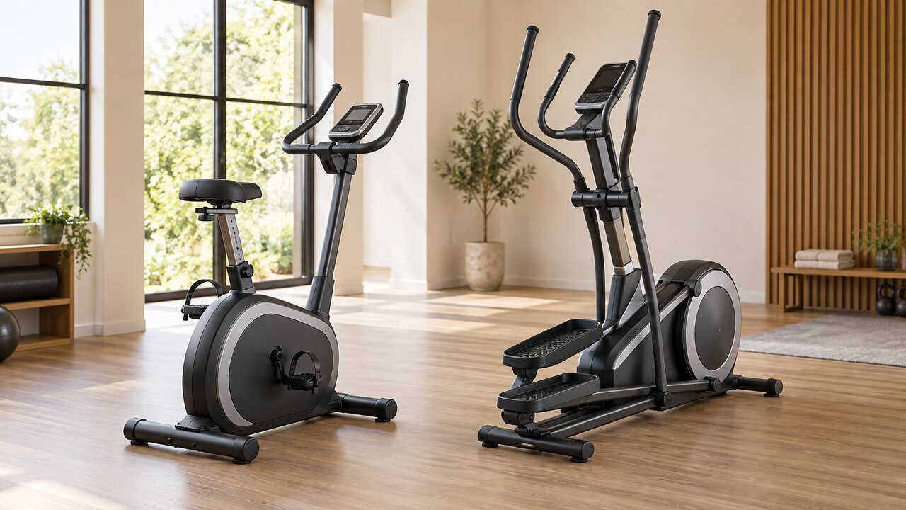 Een hometrainer en een crosstrainer naast elkaar in een lichte fitnessruimte