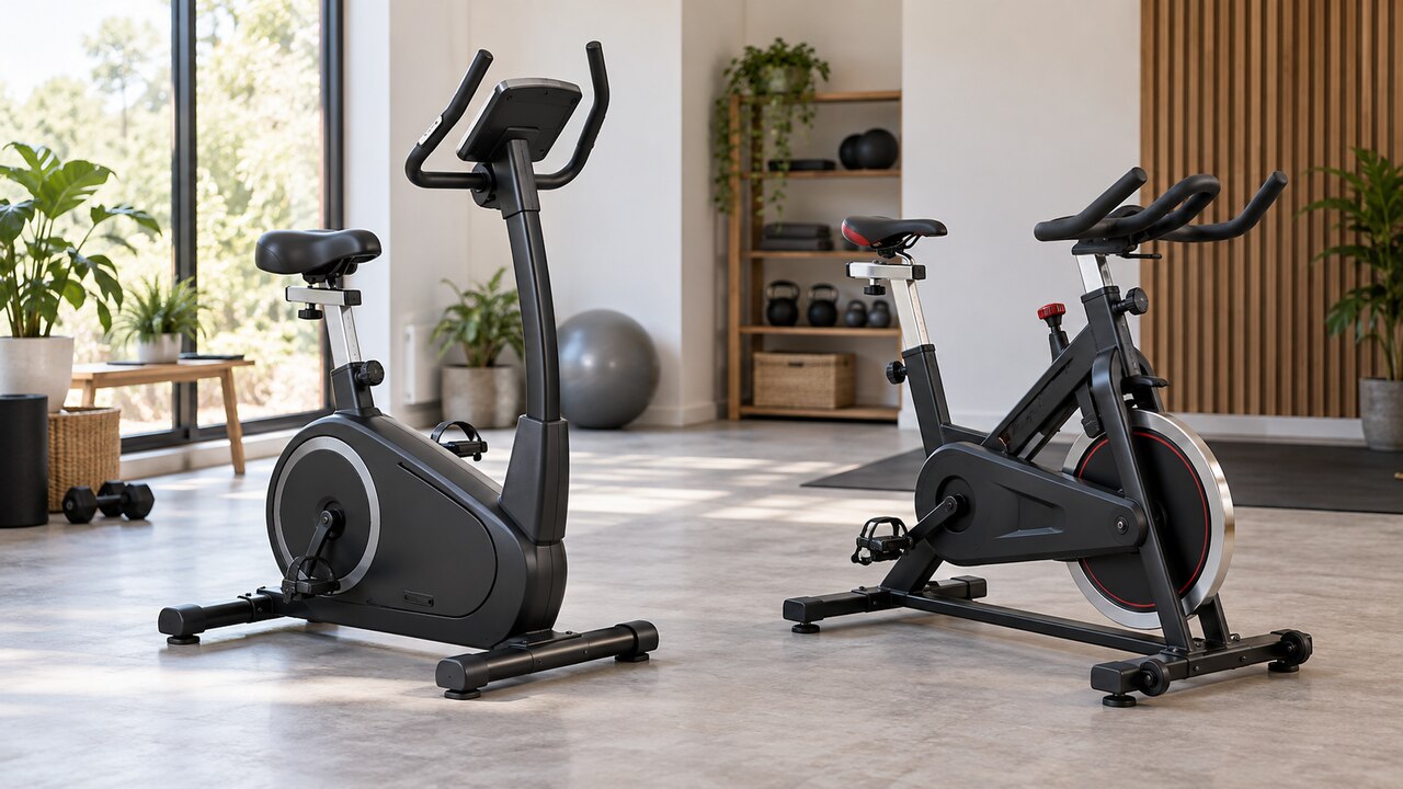 Een rechtopstaande hometrainer en een sportieve spinningfiets naast elkaar