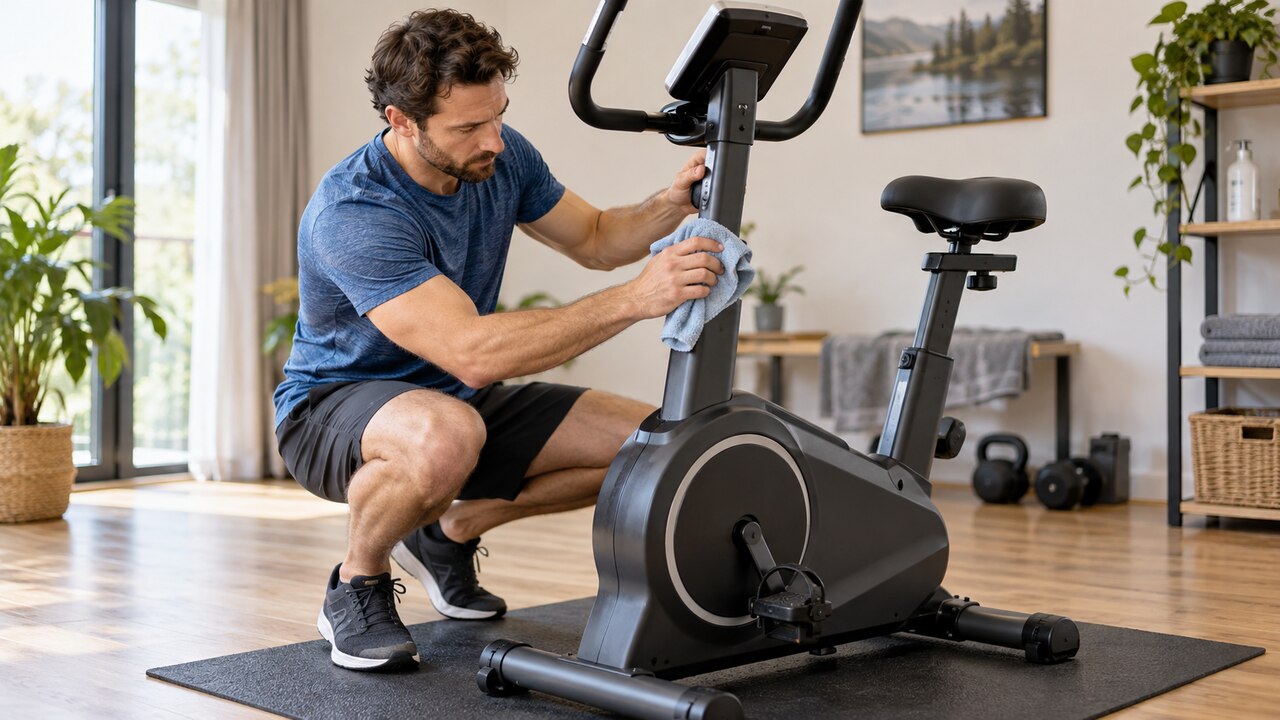 Man maakt het frame en stuur van een hometrainer schoon met een doek