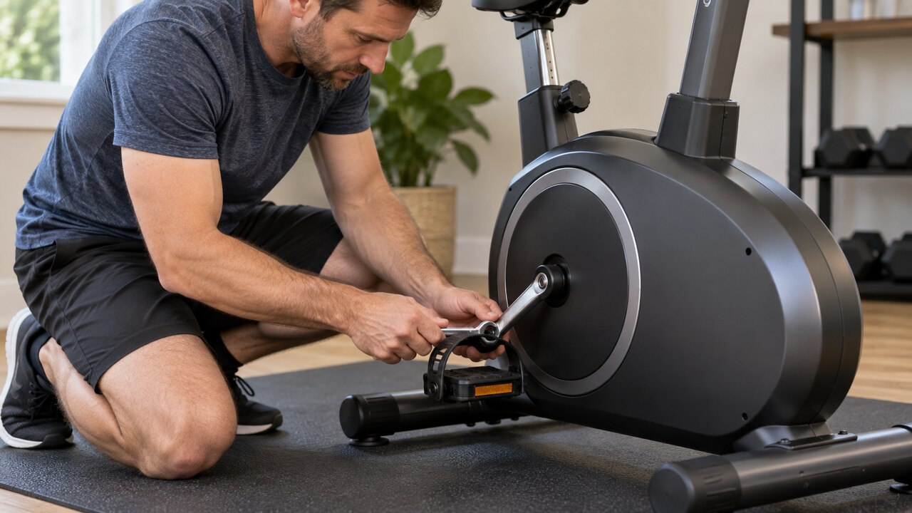 Man controleert de pedaalbevestiging van een stilstaande hometrainer