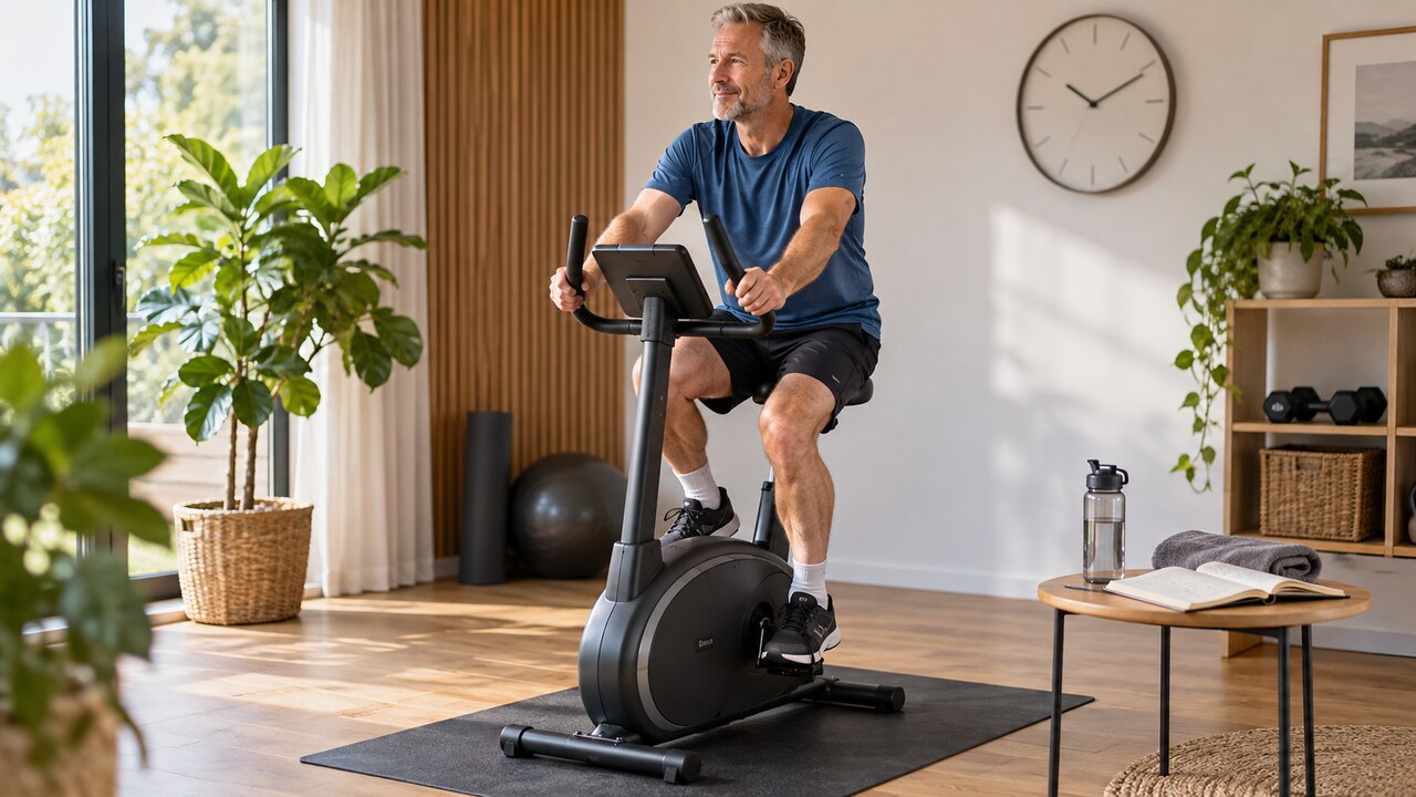 Man traint rustig op een hometrainer met een trainingsschrift naast de fiets