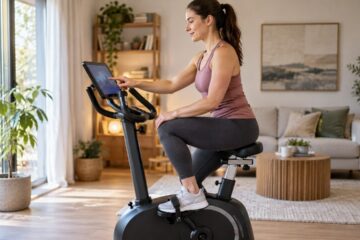 Vrouw bedient een tablet op haar hometrainer voordat zij begint met fietsen