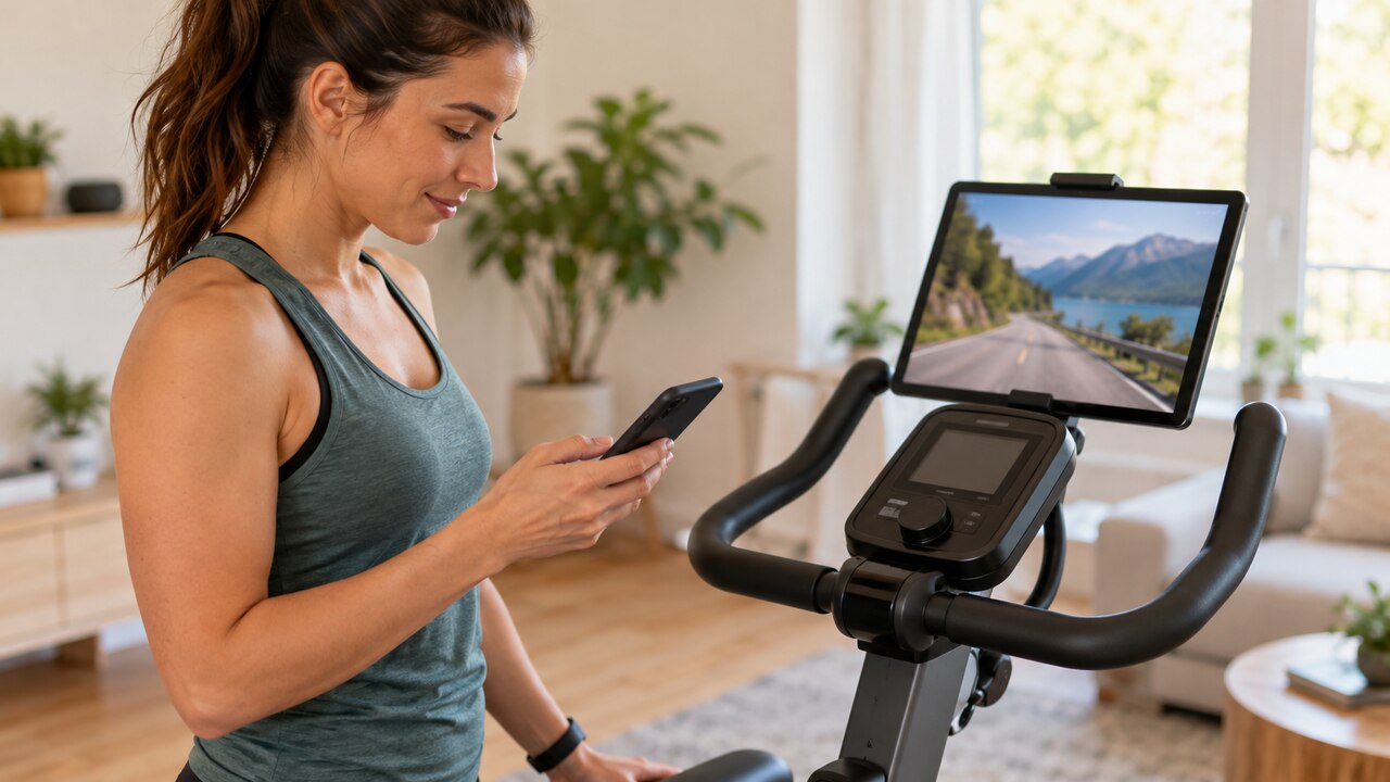 Vrouw controleert een telefoon naast een hometrainer met een tablet op het stuur