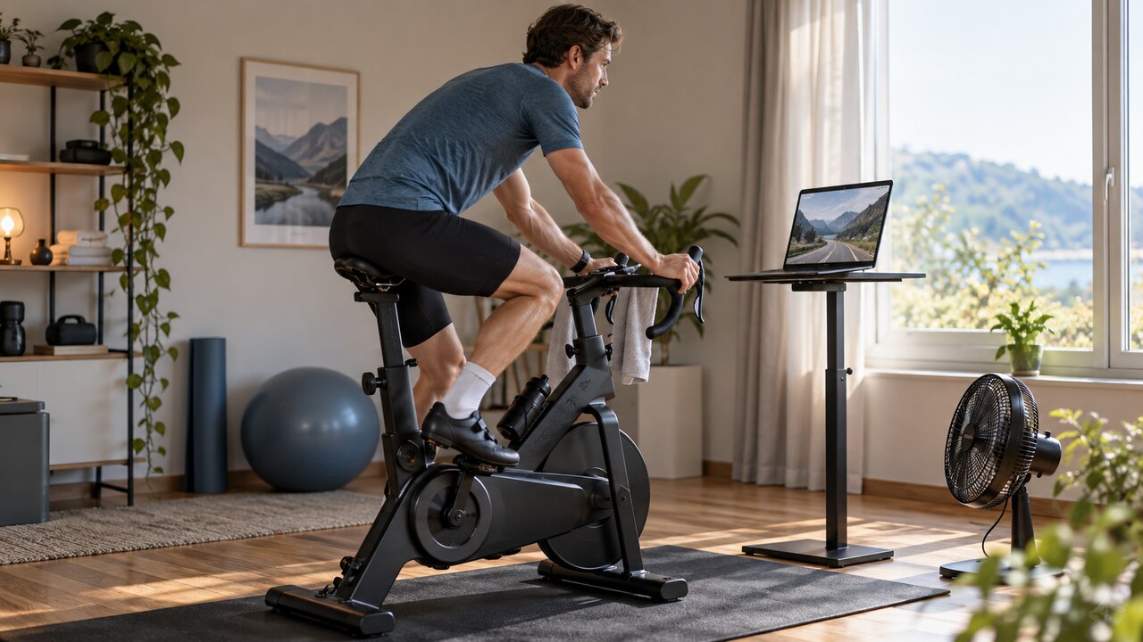 Man fietst binnen met een laptop waarop een illustratief virtueel landschap staat