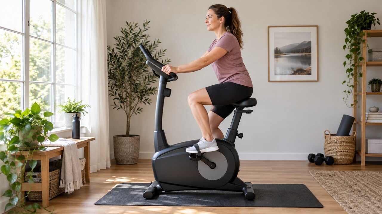 Vrouw fietst zittend op een hometrainer met haar voeten op de pedalen