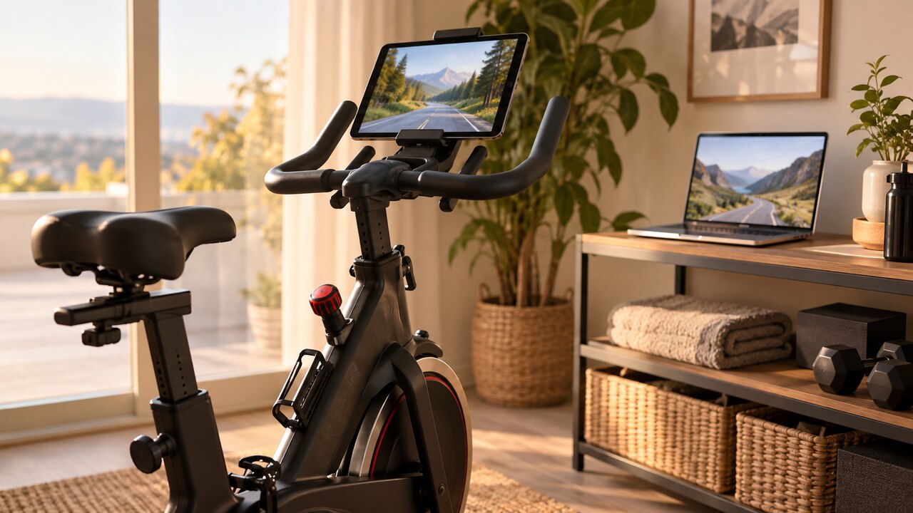 Indoor fiets met tablet en laptop met illustratieve fietslandschappen op de schermen