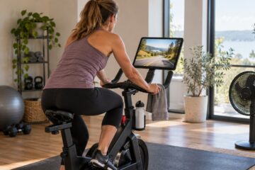 Fietser op een indoor fiets met een tablet en een illustratief virtueel weglandschap