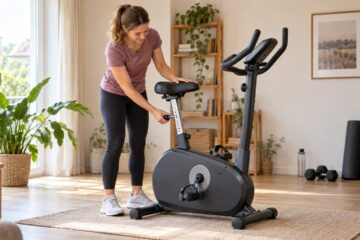 Vrouw stelt het zadel van een hometrainer af in een lichte trainingsruimte