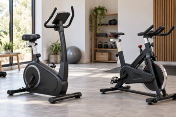 Een rechtopstaande hometrainer en een sportieve spinningfiets naast elkaar