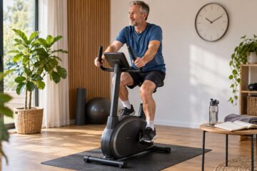 Man traint rustig op een hometrainer met een trainingsschrift naast de fiets