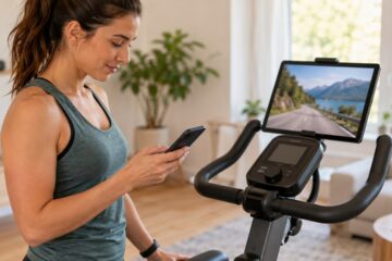 Vrouw controleert een telefoon naast een hometrainer met een tablet op het stuur