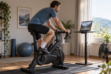 Man fietst binnen met een laptop waarop een illustratief virtueel landschap staat
