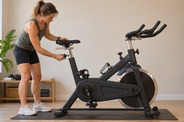 Vrouw controleert de zadelverstelling van een stilstaande spinningfiets