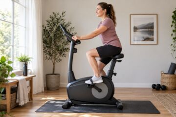 Vrouw fietst zittend op een hometrainer met haar voeten op de pedalen