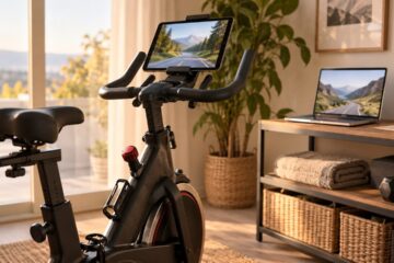 Indoor fiets met tablet en laptop met illustratieve fietslandschappen op de schermen