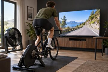 Fietser op een fietstrainer voor een televisie met een illustratief virtueel weglandschap